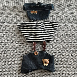 Bear Appliqué Overalls black 3-Piece Set: Hat + Underblouse + Pants