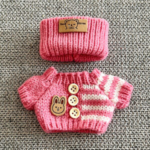 Pink-Knit Bunny Cute Striped Outfit
