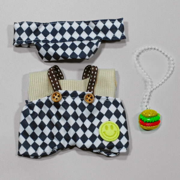 Black Plaid 4-Piece Set: Shirt + Pants + Hat + Hamburger Accessory